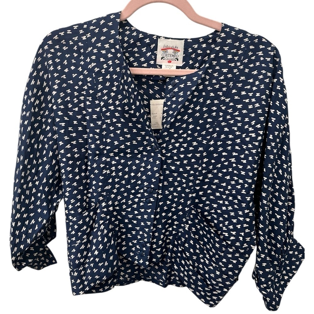 Vintage 90’s Contempo Casuals Blouse NWT Blue Patterned Women's Top SMALL